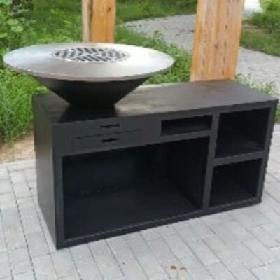 PGM Outdoor fatüzeléses grill D100L130H100 fekete tárolós asztallal