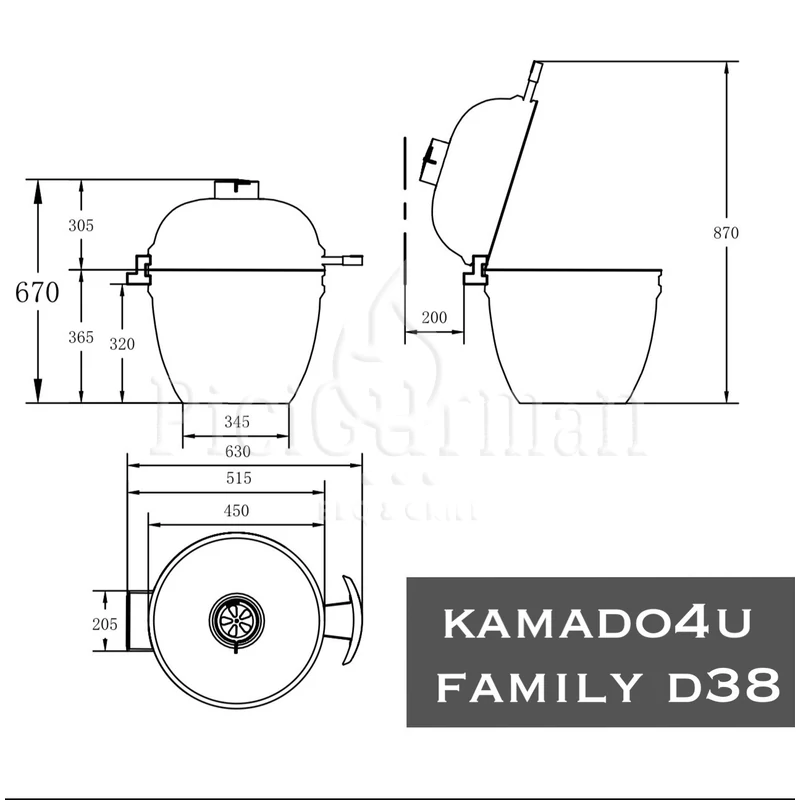 Kamado4u Family D38 kerámia grill fekete pultba építhető Classic Modell