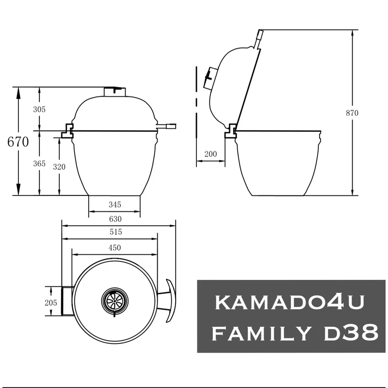 Kamado4u Family D38 kerámia grill fekete pultba építhető Classic Modell
