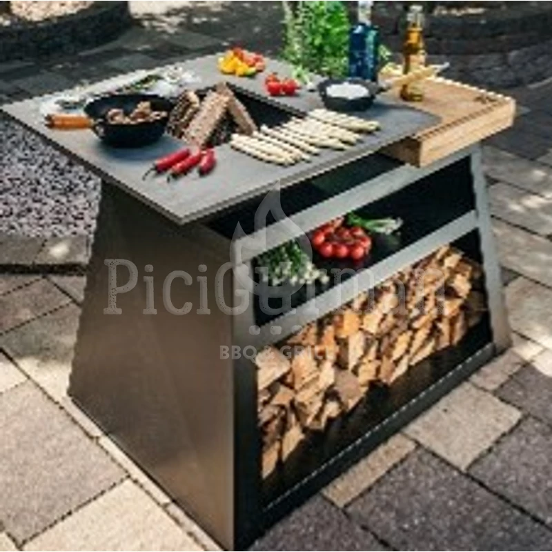PGM Outdoor fatüzeléses grill D70L130H90 fekete tárolós asztallal szögletes