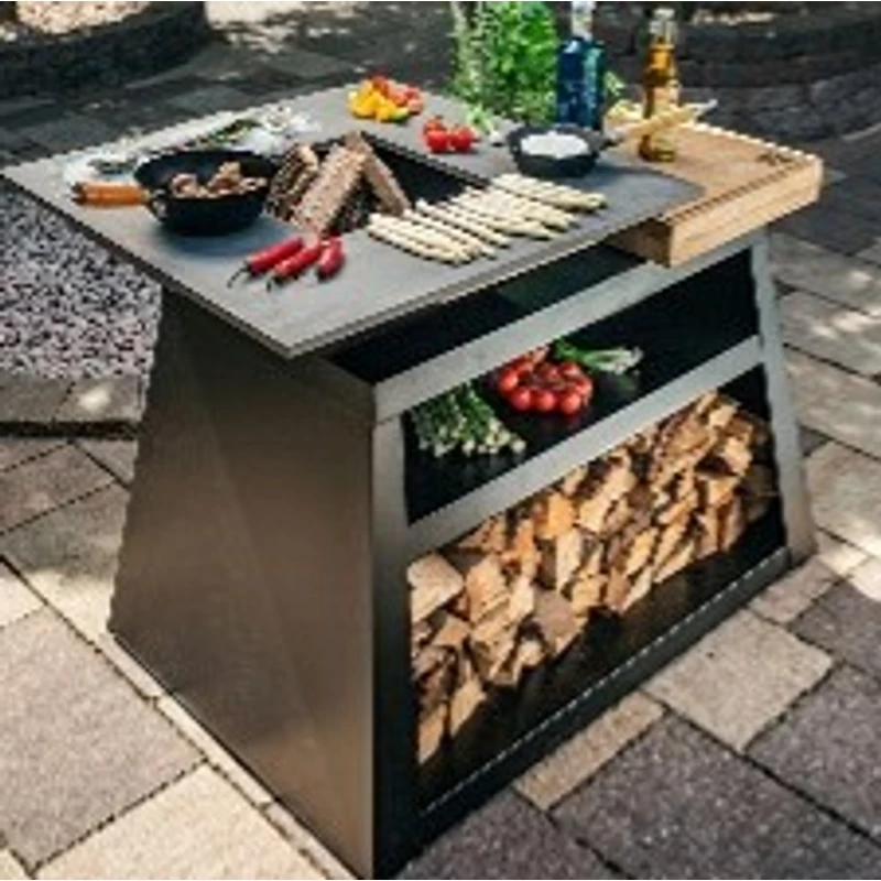 PGM Outdoor fatüzeléses grill D70L130H90 fekete tárolós asztallal szögletes
