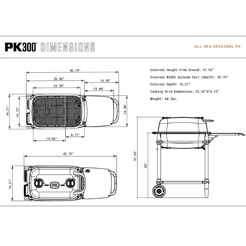 PK Grills&amp;Smoker Original 300 Grafitszürke - Dimenziók